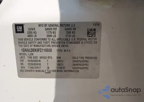 2015 Chevrolet Equinox Ltz из США, поврежденный, VIN 1GNALDEK9FZ116600